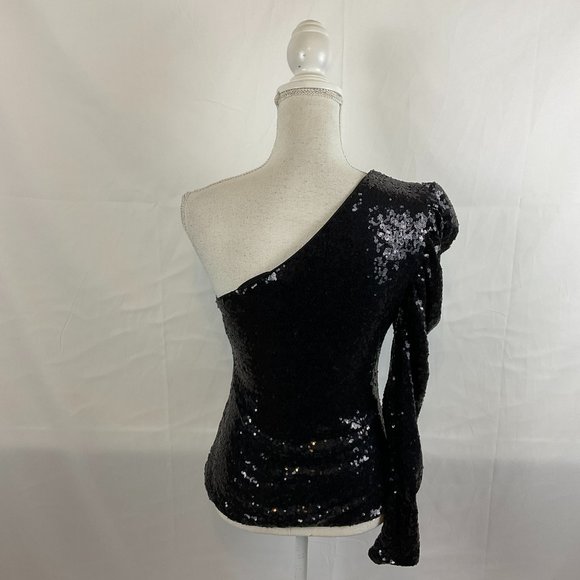 Lovers & Friends One-Shoulder Top M Black Sequins Long Sleeve New NWT - Picture 8 of 12